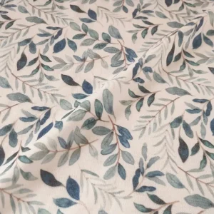 پارچه تریکو طرح بوتانیکال برگ سبز آبی